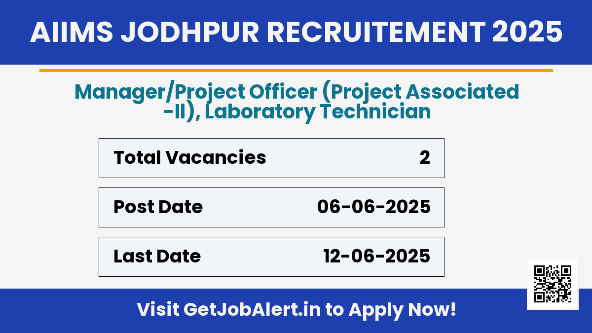 AIIMS Jodhpur Laboratory Technician, Manager Recruitment 2025 - Apply Offline for 02 Posts Before June 12