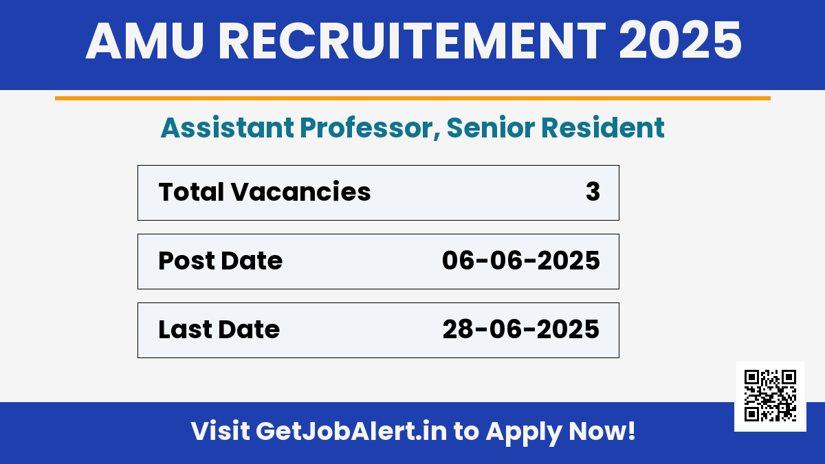AMU Assistant Professor, Senior Resident Recruitment 2025 - Apply Online for 03 Posts