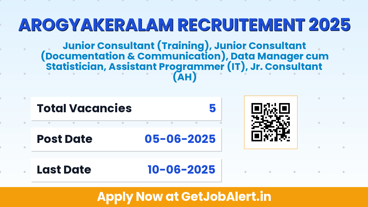 Arogyakeralam Recruitment 2025 - Apply Online for 5 Junior Consultant, Assistant Programmer and Other Posts