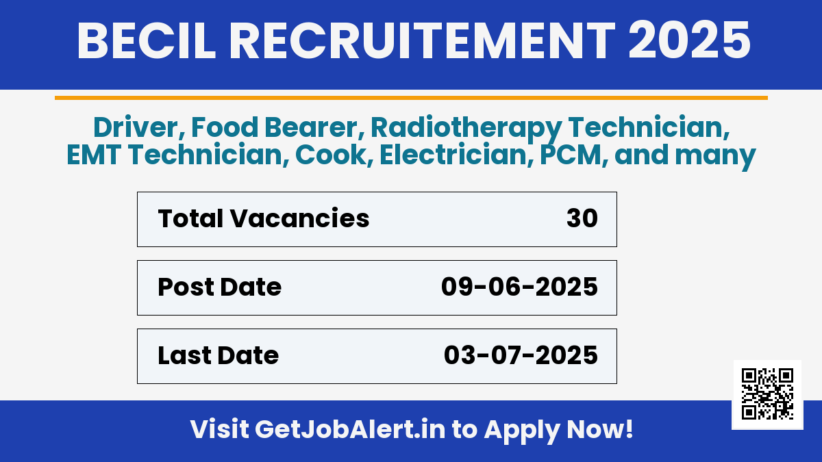 BECIL Electrician, Cook and Other Recruitment 2025 - Apply Offline for 30 Posts