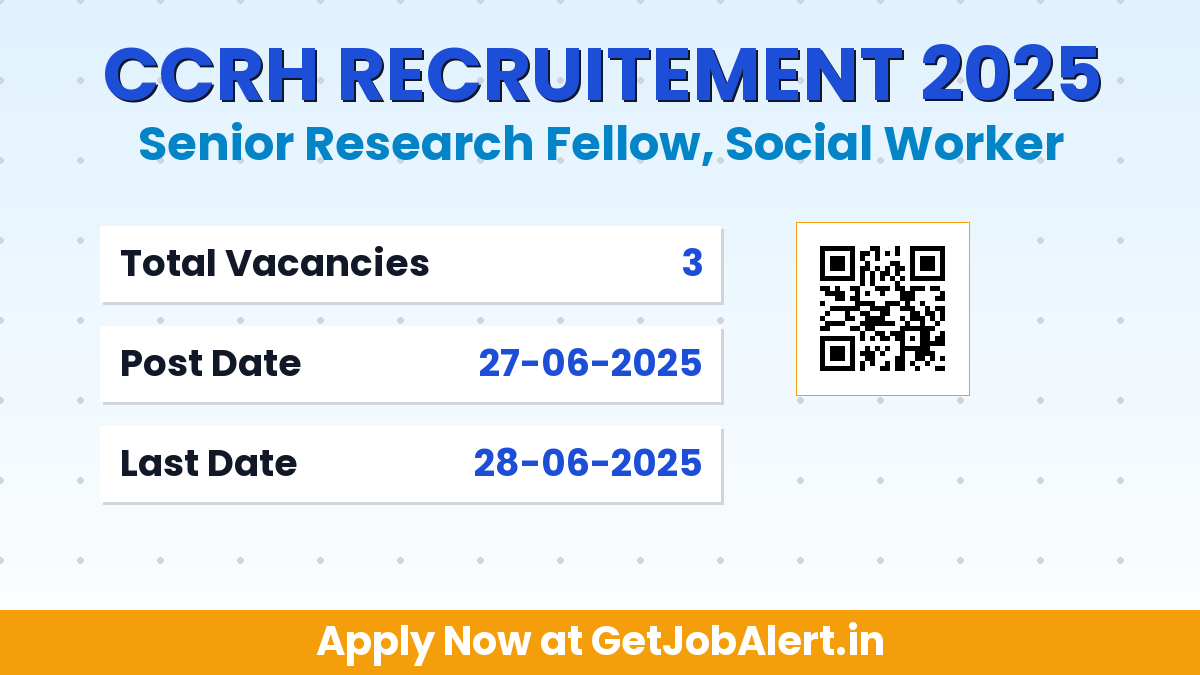 CCRH Recruitment 2025 - Apply for 03 SRF, Social Worker Posts