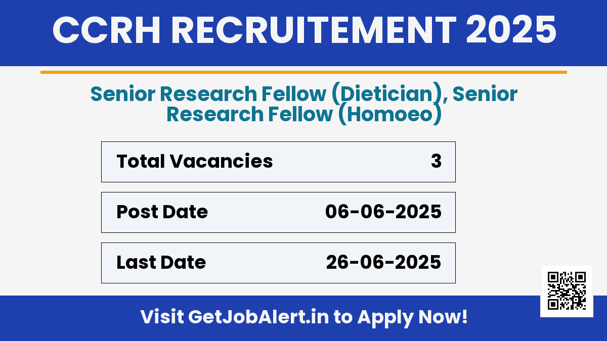 CCRH Senior Research Fellow Recruitment 2025 - Walkin for 03 Posts