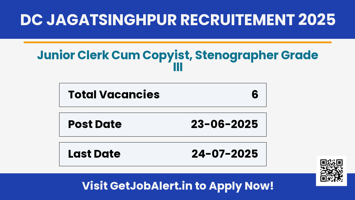 District Court Jagatsinghpur Recruitment 2025 - Apply Offline for 06 Junior Clerk Cum Copyist, Stenographer Posts