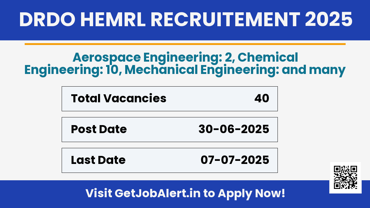 DRDO HEMRL Paid Internship Recruitment 2025 - Apply Offline for 40 Trainee Posts