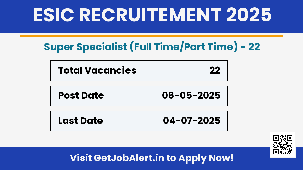 ESIC Super Specialist Recruitment 2025 - Apply Offline for 22 Posts Before July 04