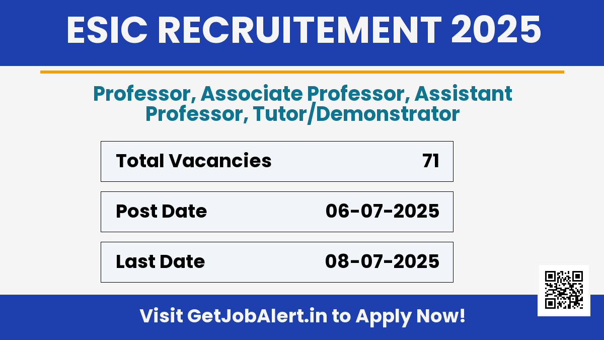 ESIC Teaching Faculty Recruitment 2025 - Apply 71 Professor, Assistant Professor, More Posts