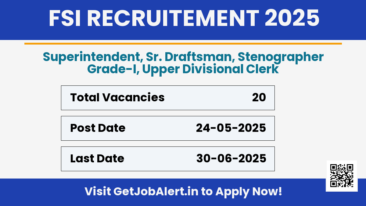 FSI Recruitment 2025 - Apply Offline for 20 Various Posts