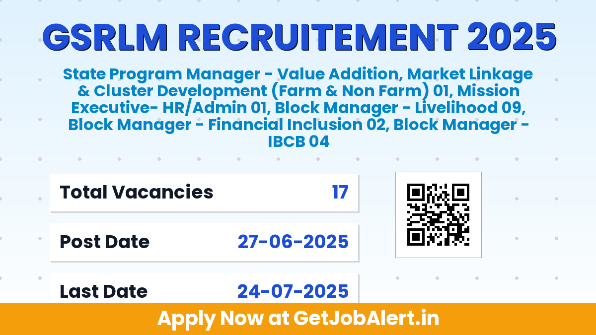 GSRLM Recruitment 2025 - Walk in for 17 State Program Manager, Mission Executive, Block Manager Posts