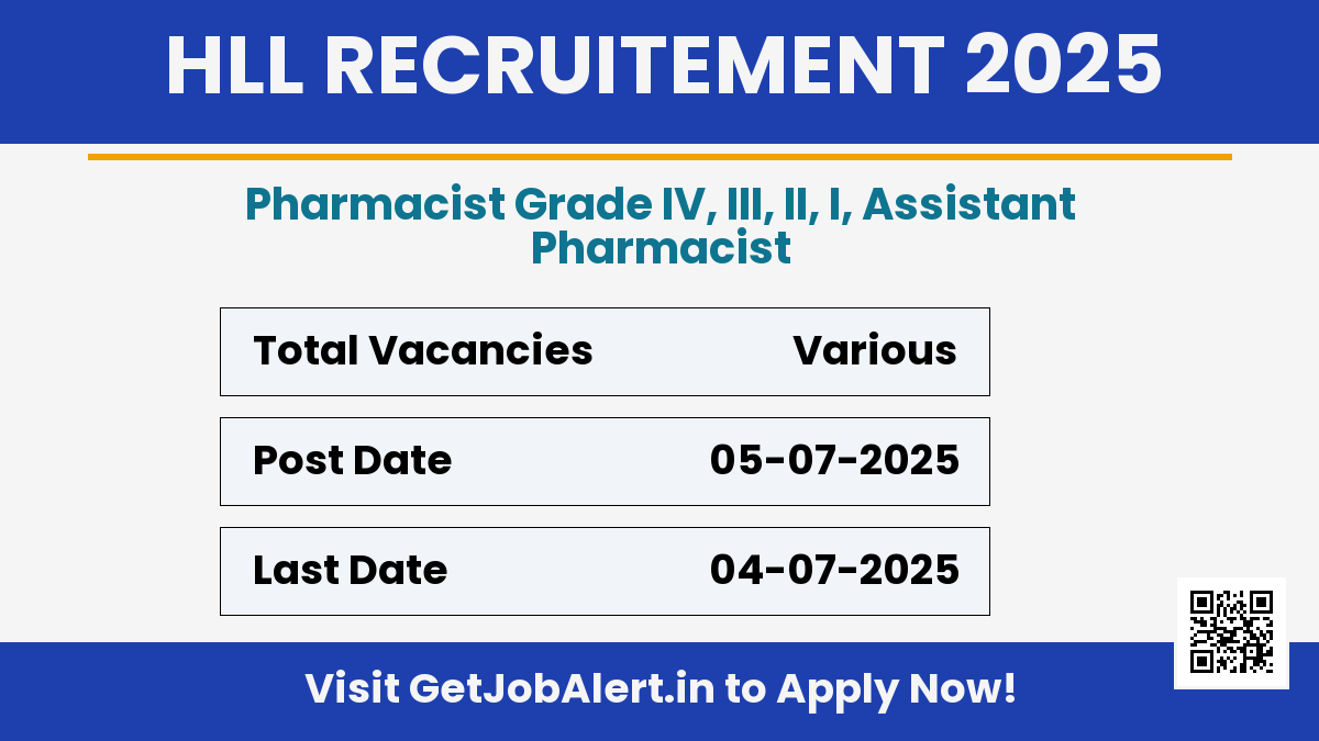 HLL Pharmacist, Assistant Pharmacist Recruitment 2025 - Walk in for B.Pharm, D.Pharm Posts