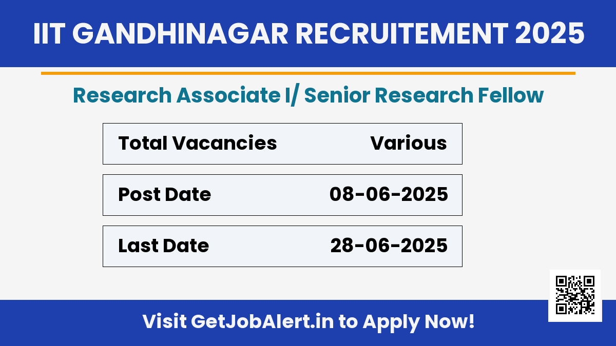 IIT Gandhinagar Research Associate I/ Senior Research Fellow Recruitment 2025 - Apply Offline