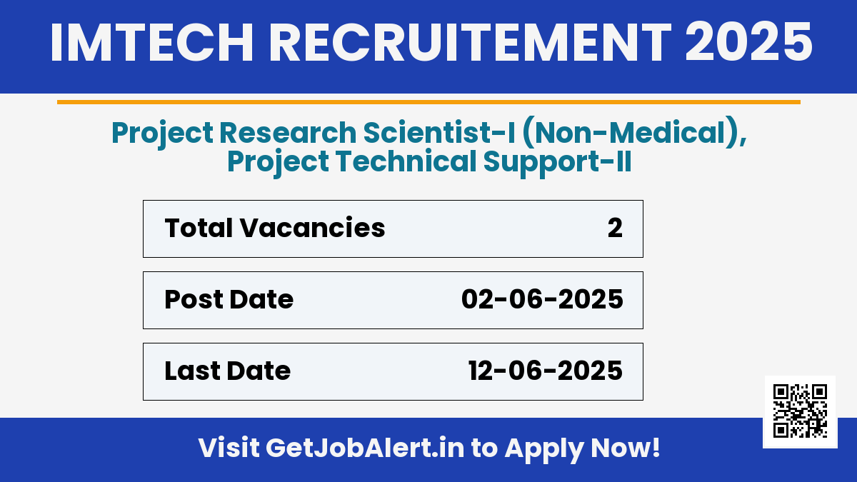 IMTECH Recruitment 2025 - Apply Online for 02 Project Research Scientist, Technical Support Posts Before June 12