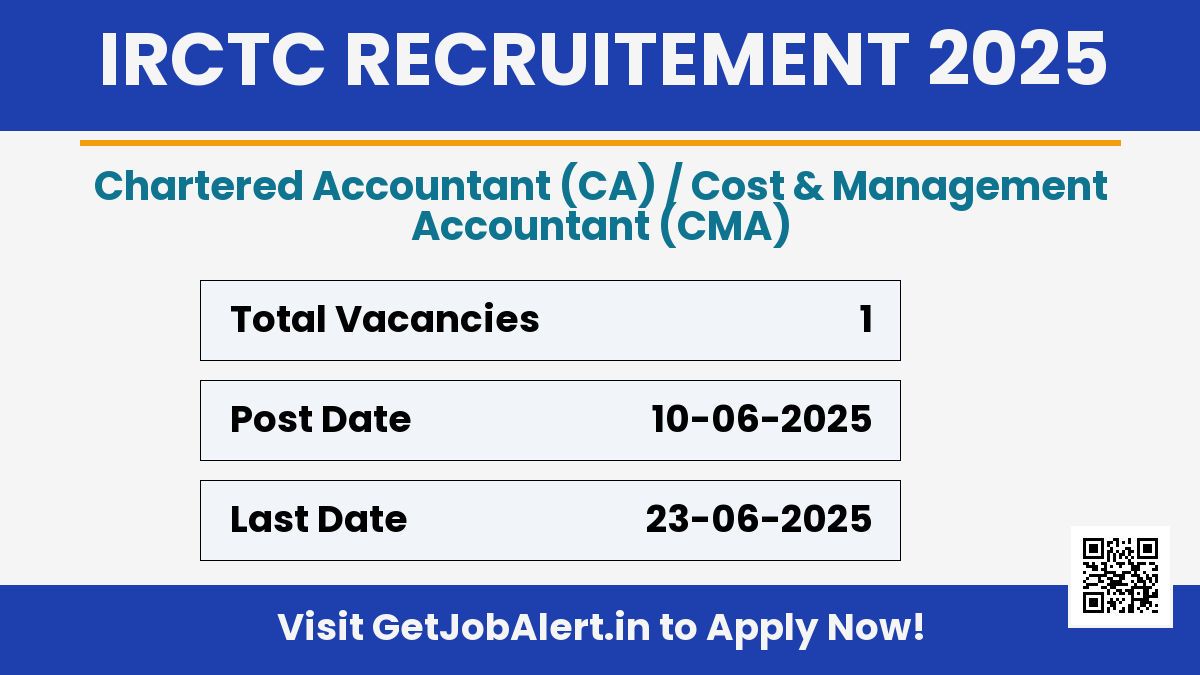 IRCTC Chartered Accountant/ CMA Recruitment 2025 - Walk in for 01 Posts