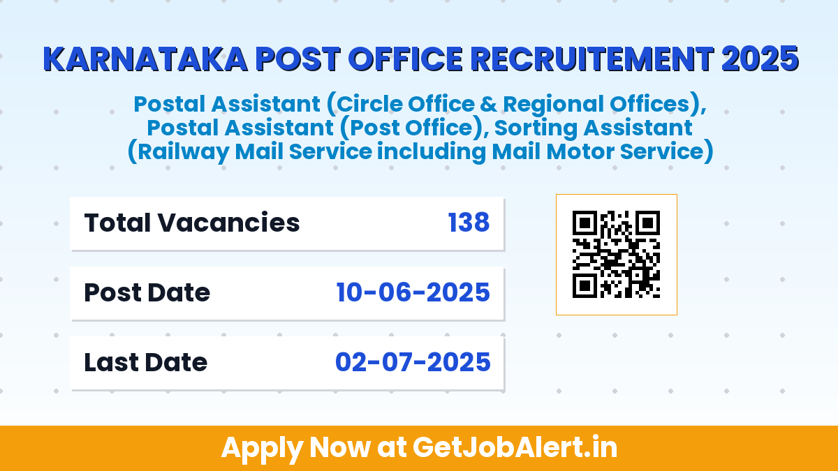 Karnataka Post Office Postal Assistant, Sorting Assistant Recruitment 2025 - Apply Offline for 138 Posts
