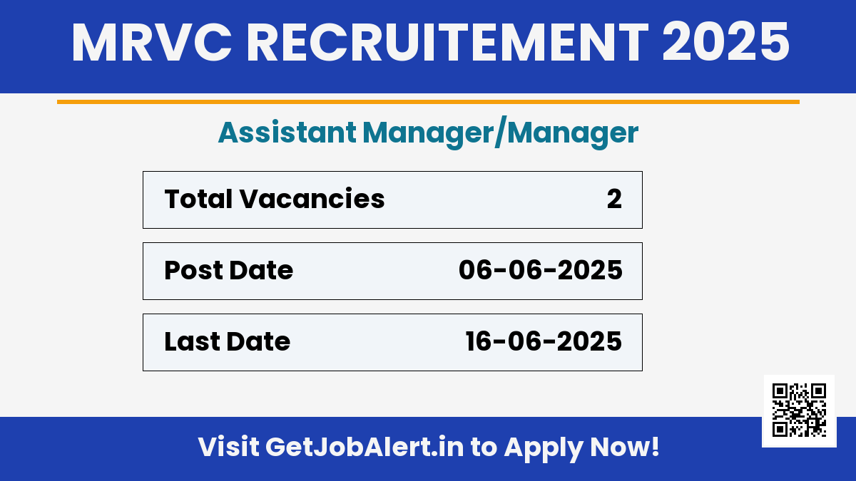 MRVC Assistant Manager/Manager Recruitment 2025 - Apply Offline for 02 Posts