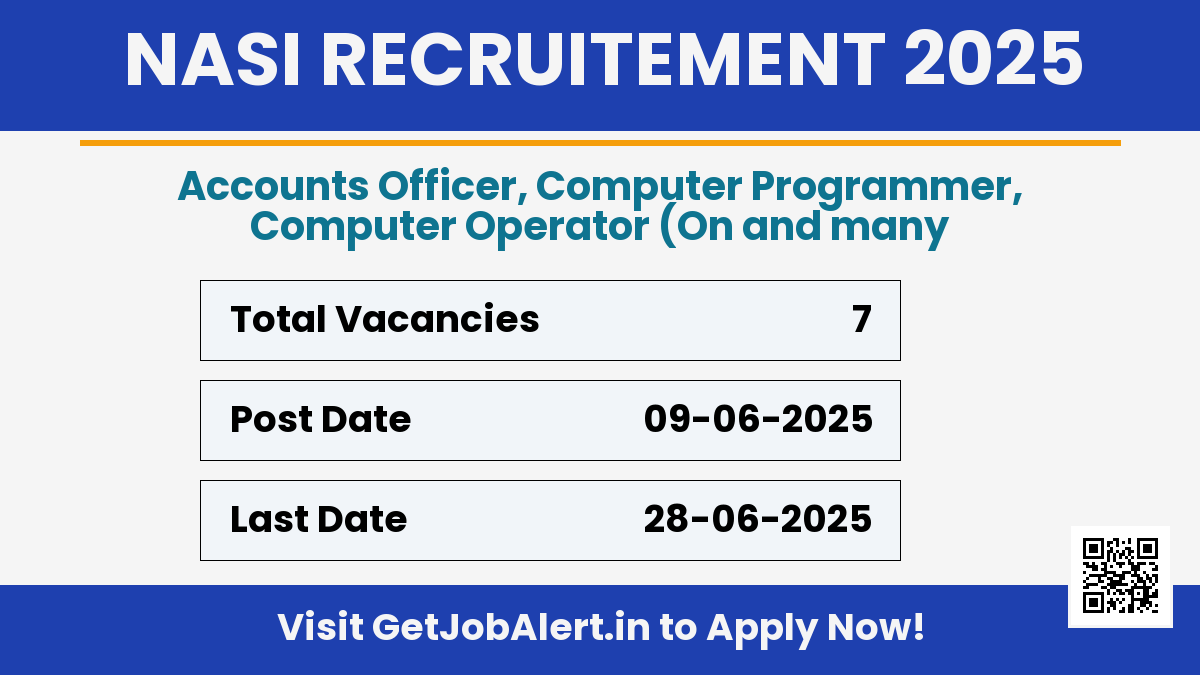 NASI Recruitment 2025 - Apply Online for 7 Accounts Officer, Computer Programmer, More Posts Before June 28