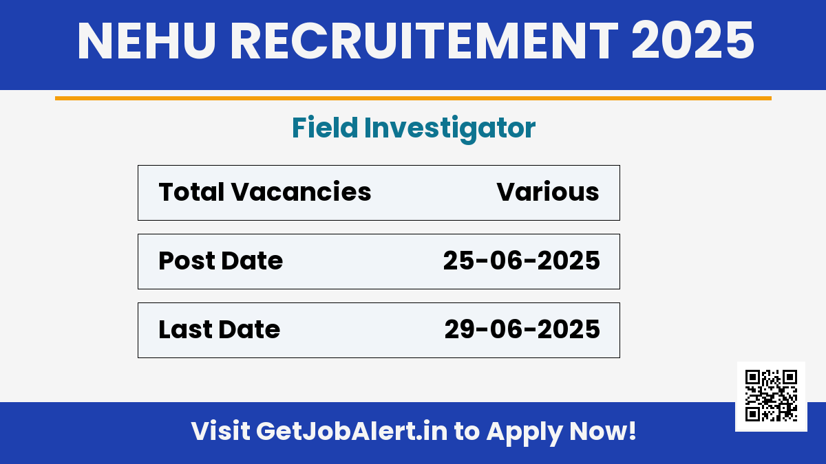 NEHU Field Investigator Recruitment 2025 - Walk in Interview on 29th June