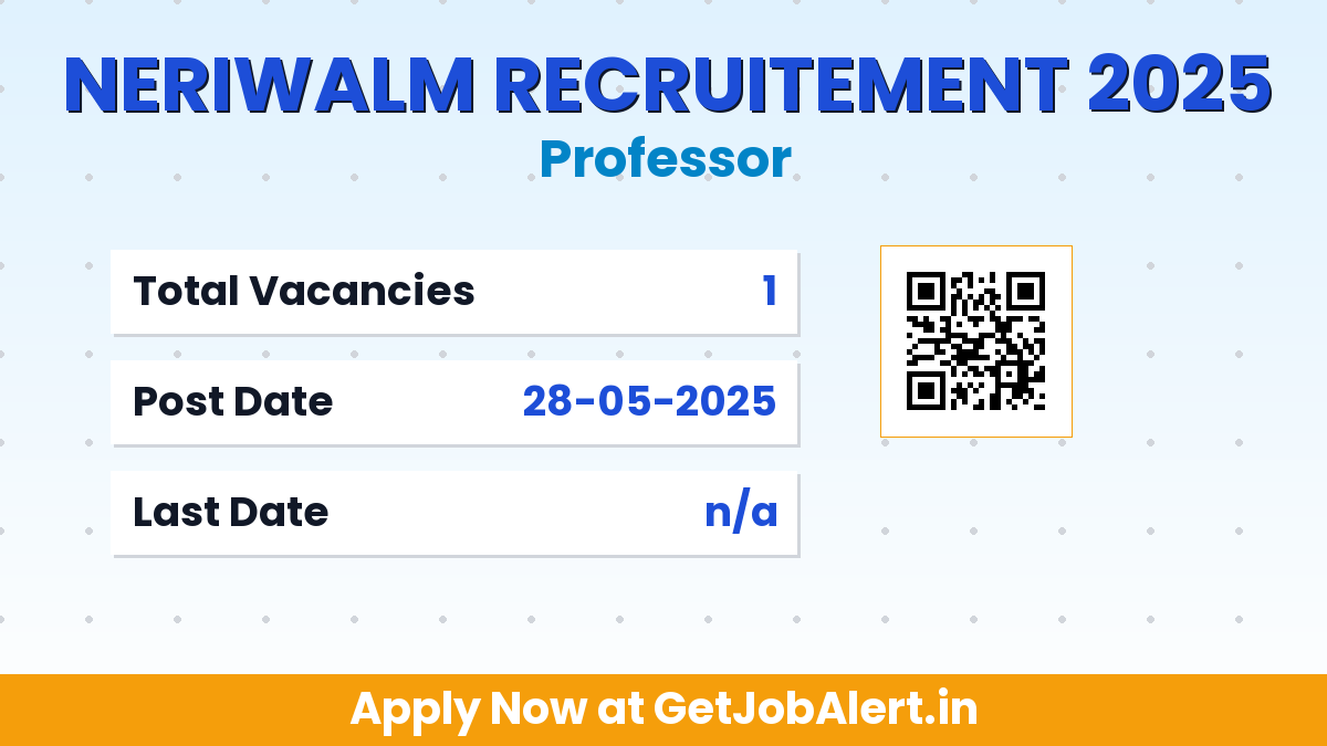NERIWALM Professor Recruitment 2025 - Apply Offline for 1 Posts