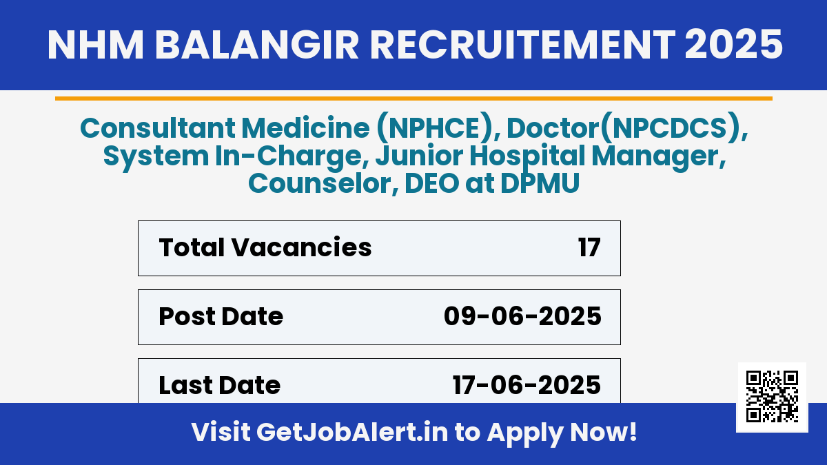 NHM Balangir Recruitment 2025 - Walk in for 17 Doctor, Counselor and Other Posts