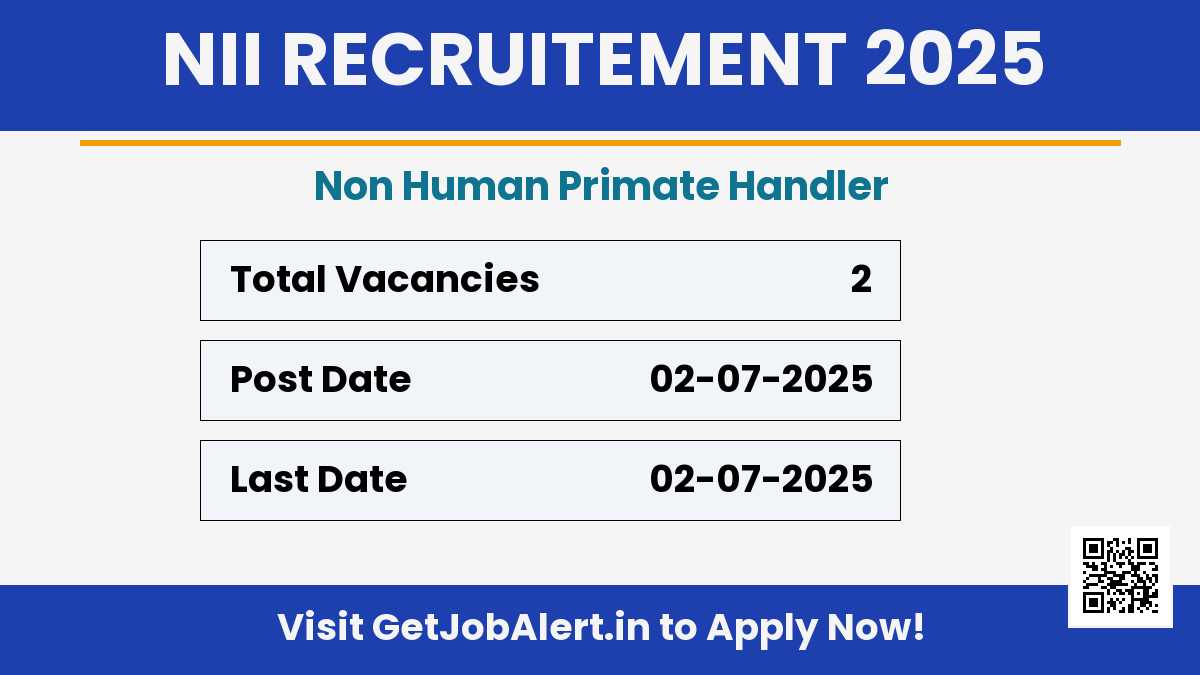 NII Non Human Primate Handler Recruitment 2025 - Apply Offline for 02 Posts