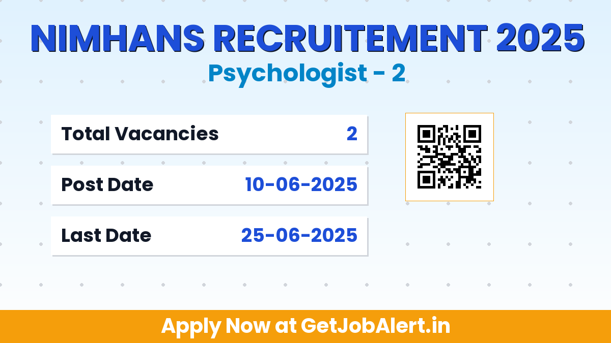 NIMHANS Psychologist Recruitment 2025 - Apply Offline for 02 Posts
