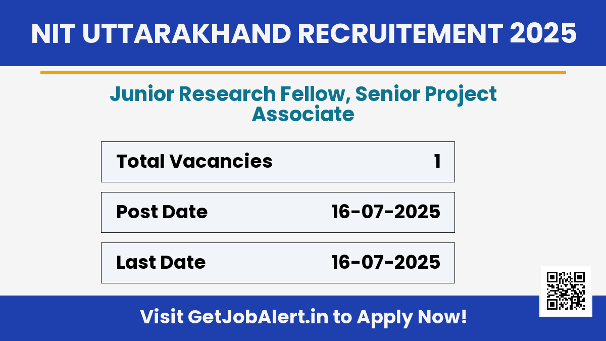 NIT Uttarakhand Recruitment 2025 - Walk in for 1 Junior Research Fellow, Senior Project Associate Posts