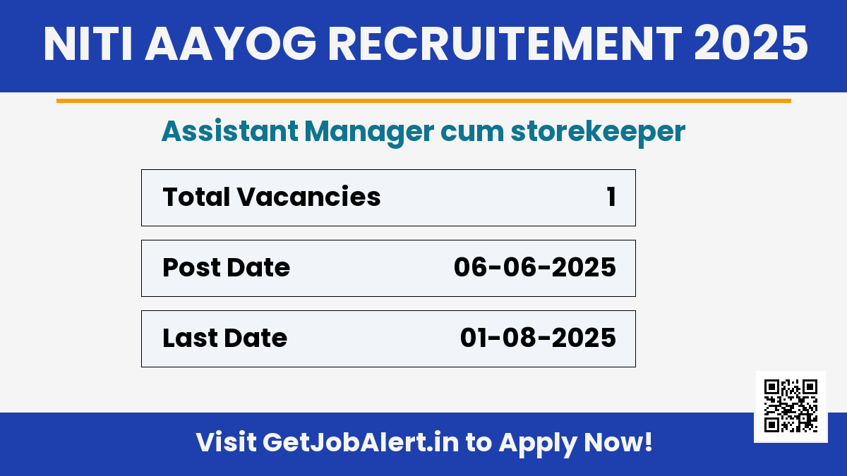 NITI Aayog Assistant Manager cum storekeeper Recruitment 2025 - Apply Offline for 01 Posts