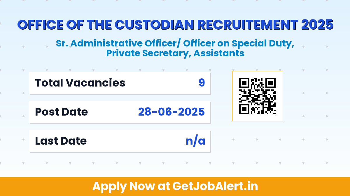 Office of the Custodian Private Secretary, Assistants and Other Recruitment 2025 - Apply Offline for 9 Posts