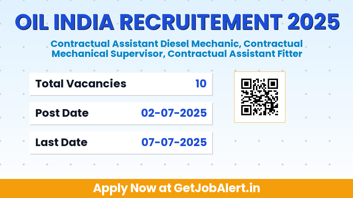 Oil India Recruitment 2025 - Walk in for 10 Contractual Assistant Fitter, Diesel Mechanic and More Posts