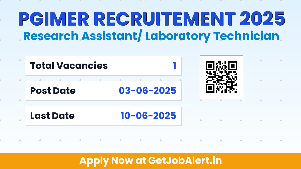 PGIMER Recruitment 2025 - Apply Offline for 01 Research Assistant/ Laboratory Technician Posts