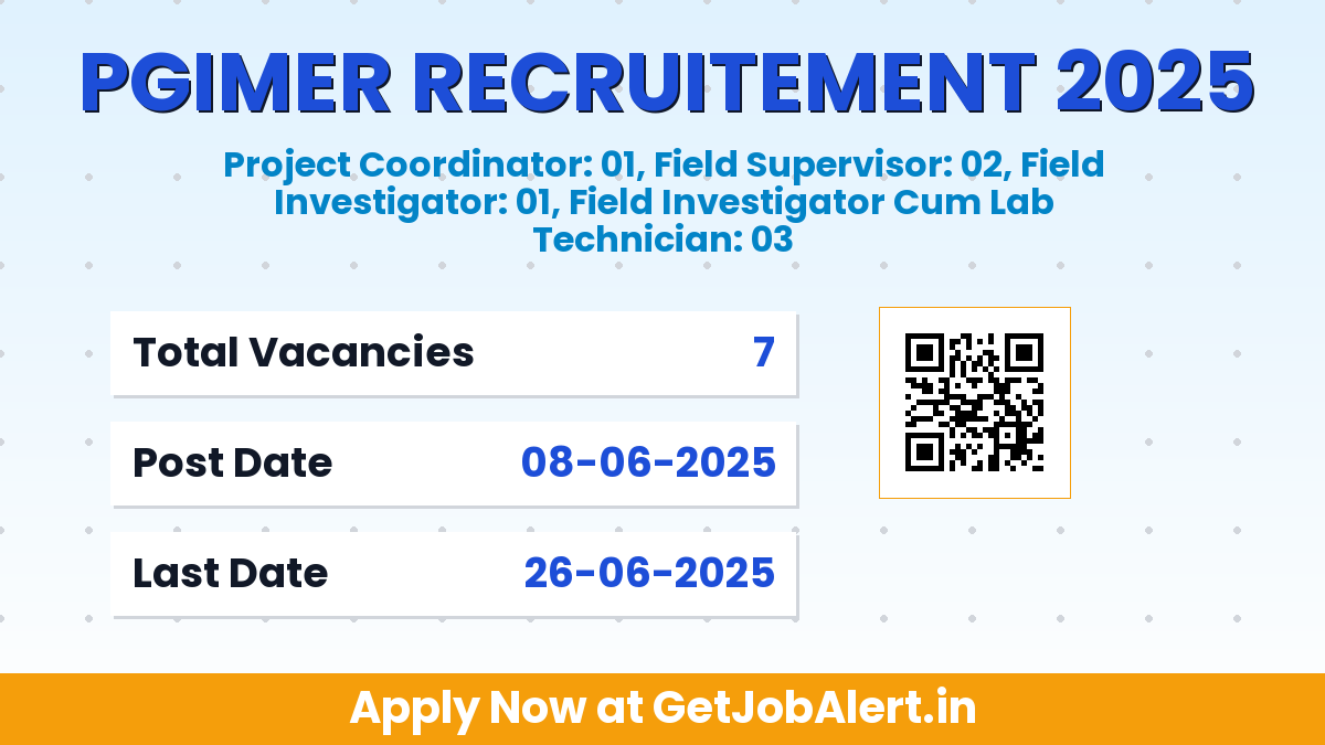 PGIMER Recruitment 2025 - Apply Offline for 7 Project Coordinator, Field Supervisor, More Posts