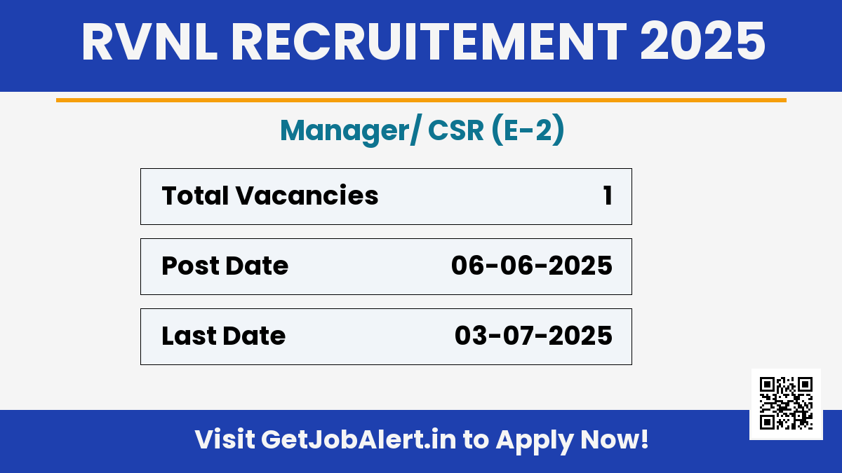 RVNL Manager Recruitment 2025 - Apply Offline for 01 Posts