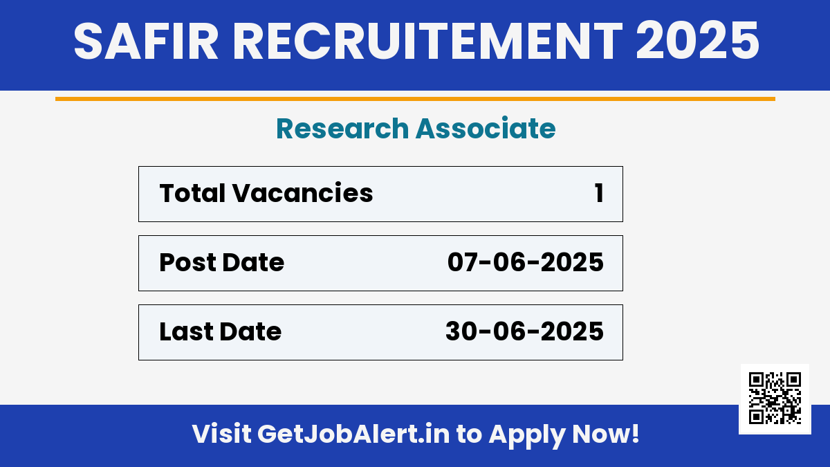 SAFIR Research Associate Recruitment 2025 - Apply Offline for 01 Posts