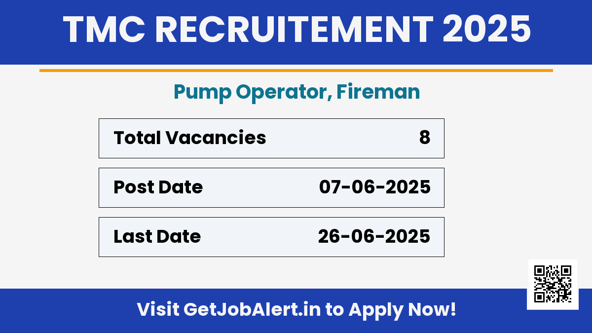 TMC Recruitment 2025 - Walk in for 8 Pump Operator, Fireman Posts