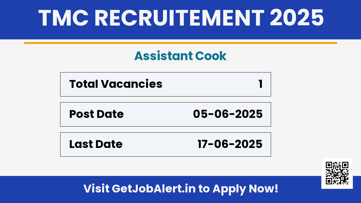 TMC Assistant Cook Recruitment 2025 - Walk in for 01 Posts on 17 June