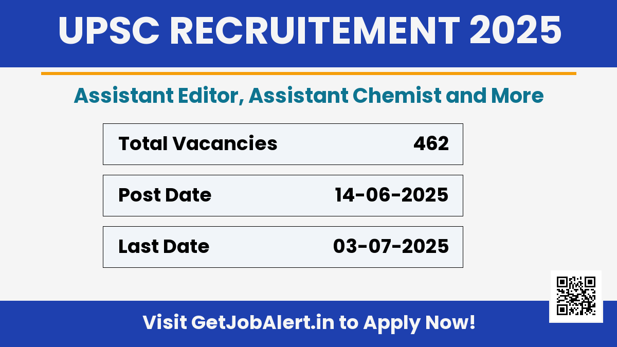 UPSC Assistant Editor, Assistant Chemist and More Recruitment 2025 - Apply Online for 462 Posts