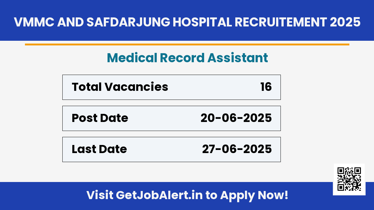 VMMC and Safdarjung Hospital Medical Record Assistant Recruitment 2025 - Apply Offline for 16 Posts