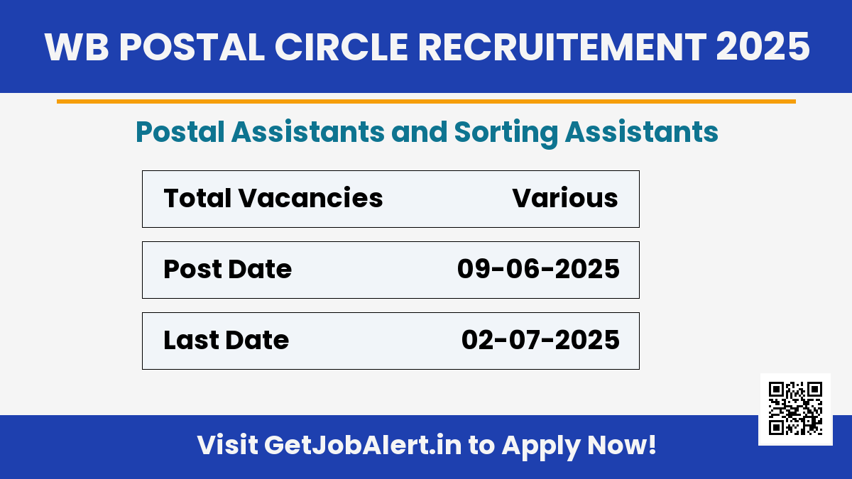 WB Postal Circle Postal Assistants, Sorting Assistants Recruitment 2025 - Apply Offline