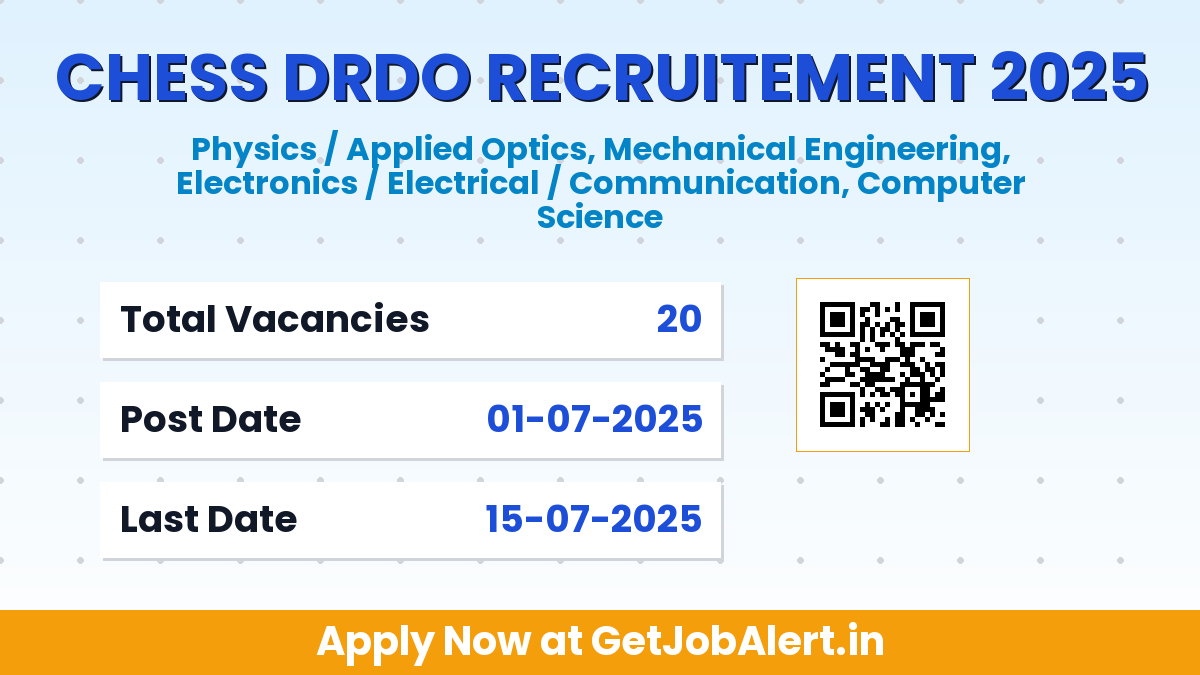 CHESS DRDO Paid Internships Recruitment 2025 - Apply Offline for 20 Posts Before July 15