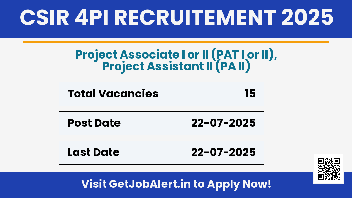 CSIR 4PI Recruitment 2025 - Walk in for 15 Project Associate, Project Assistant Posts