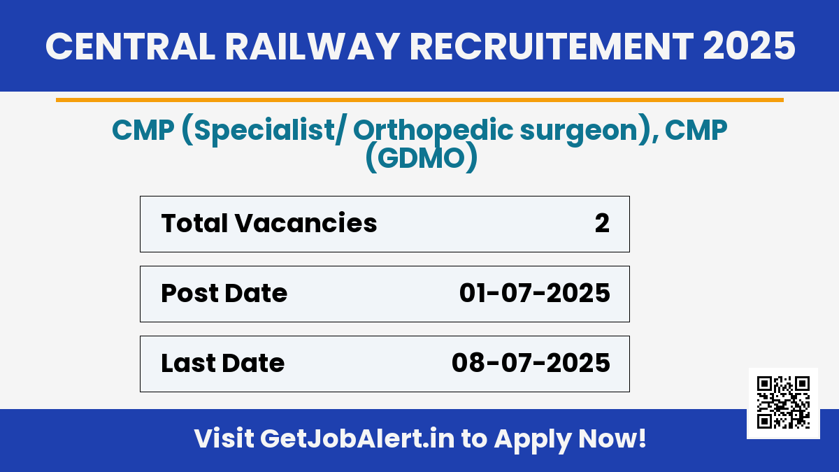 Central Railway CMP Recruitment 2025 - Apply Offline for 02 Posts Before 08-07-2025