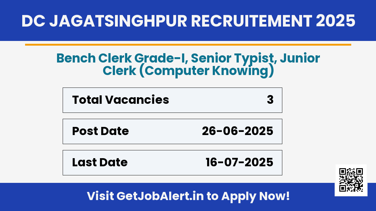 District Court Jagatsinghpur Recruitment 2025 - Apply Offline for 3 Bench Clerk, Junior Clerk and More Posts
