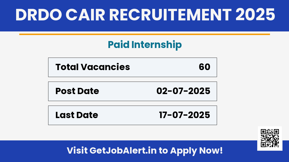 DRDO CAIR Paid Internship Recruitment 2025 - Apply Offline for 60 Posts