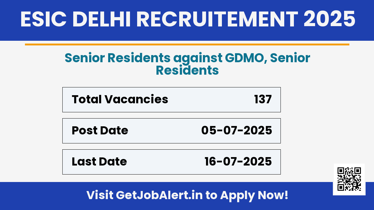 ESIC Delhi Senior Residents Recruitment 2025 - Apply Offline for 137 Senior Resident Posts