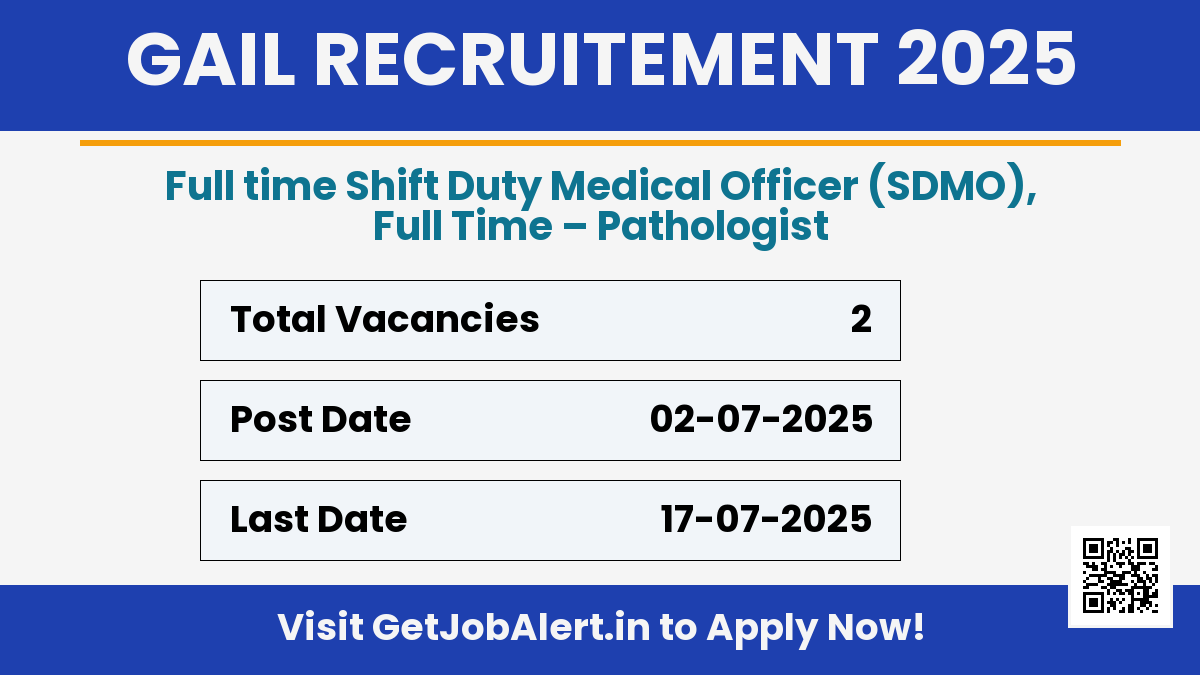 GAIL Pathologist, SDMO Recruitment 2025 - Apply Offline for 02 Posts