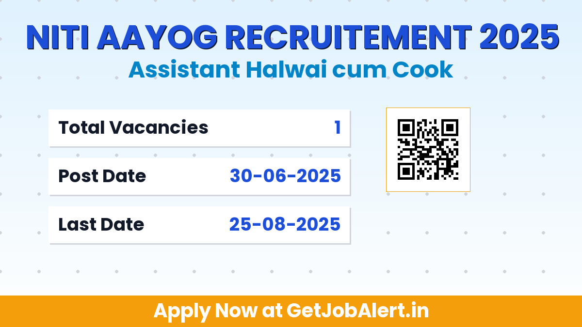 NITI Aayog Assistant Halwai cum Cook Recruitment 2025 - Apply Offline for 01 Posts